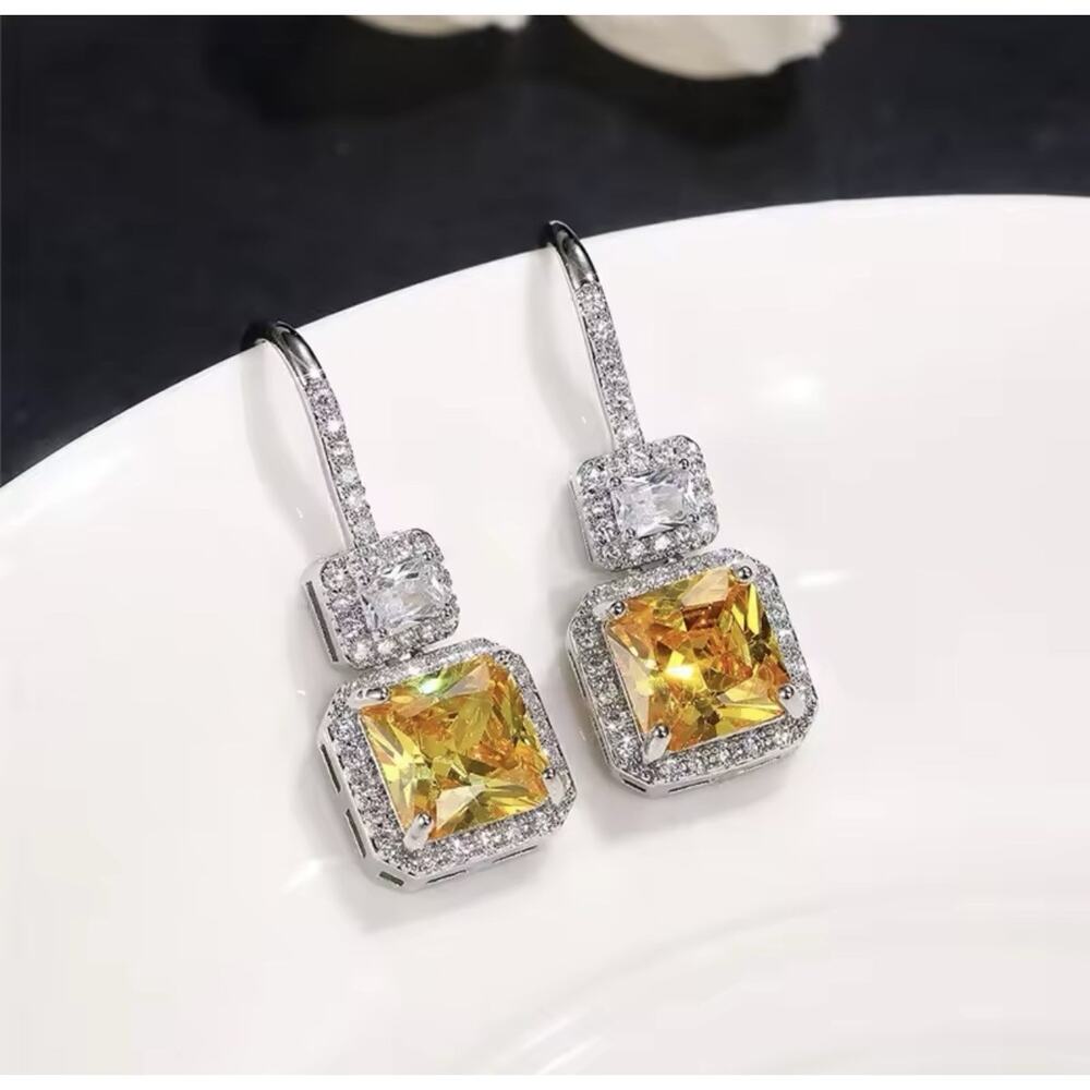 Silver Tone Yellow CZ Dangle Earrings Square Halo Cubic Zirconia Drop Earrings
